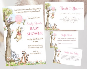 Zestaw zaproszeń na baby shower z Kubusiem Puchatkiem, zestaw zaproszeń na baby shower Little Hunny, różowy balonik z Kubusiem Puchatkiem, PPB