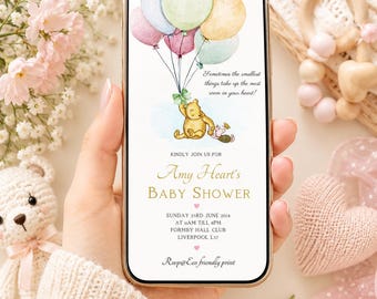 Editable Winnie The Pooh Baby Shower Evite Boy or Girl Classic Winnie The Pooh Invitation Phone Digital Electronic Canva Template PAP