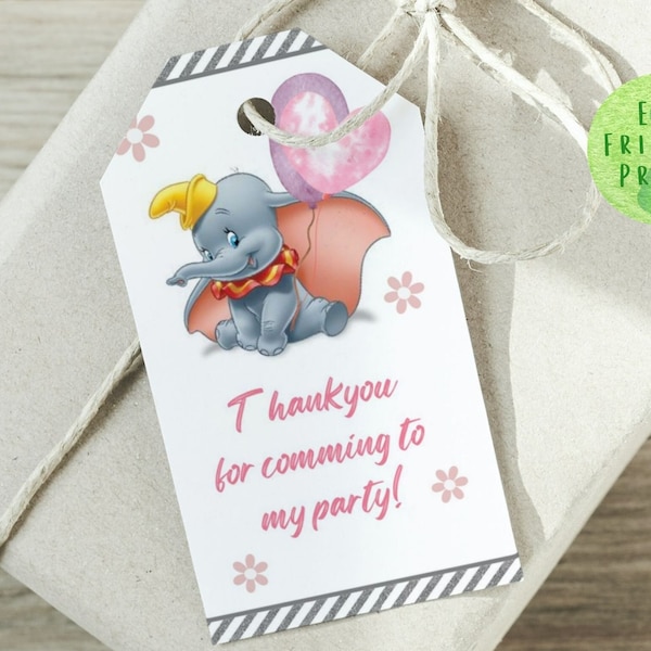 Editable Dumbo Favor Tags Dumbo Gift Tag Instant Download Dumbo Thank you Tags Dumbo Birthday Party Supplies Pink Dumbo Tags GDB