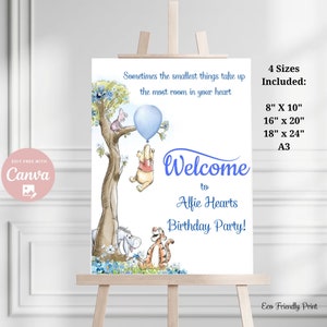 Editable Winnie The Pooh Welcome Sign Pooh Birthday Boy Blue Classic Winnie The Pooh Party Decor Canva Template Printable PBB