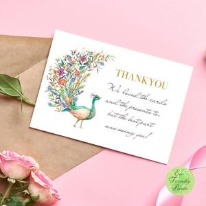 Bearbeitbare Pfau Dankeschön-Karte Hinweis Mädchen Geburtstagsfeier Pfaufedern Aquarell Rosa Floral Download Druckbare Vorlage