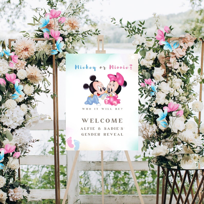 Printable MICKEY Or MINNIE MOUSE Gender Reveal Welcome Board. Custom Mickey Or Minnie Welcome Sign. Boy or Girl Poster. Gender Reveal Party image 1
