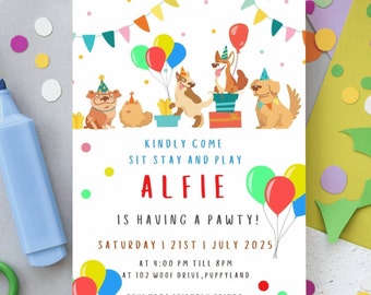 Editable Puppy Birthday Invitation Dogs Birthday Party Invite Pink Girl Watercolor Let's Pawty Dog Download Printable Template Canva