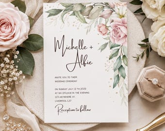 Blush Floral Wedding Invitation, Romantic Wedding Invite, Editable Canva Template, Digital Download