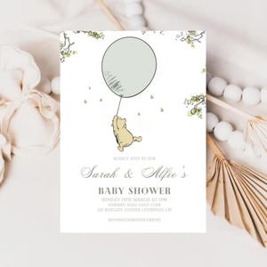 Winnie The Pooh Baby Shower Invitation, Classic Pooh Baby Shower Invitation, Baby Shower Invitation Winnie the Pooh, Blue Balloon Editable