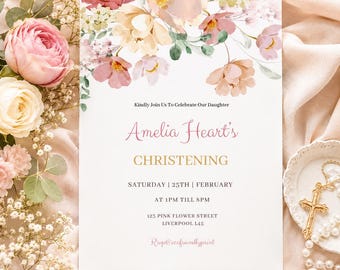 Puede incluir: Una tarjeta de invitación rectangular blanca con un borde floral de acuarela en tonos rosa, melocotón y verde. El texto dice: Kindly Join Us To Celebrate Our Daughter, Amelia Heart's, CHRISTENING, SATURDAY | 25TH | FEBRUARY, AT 1PM TILL 8PM, 123 PINK FLOWER STREET, LIVERPOOL L45, Rsvp@ecofriendlyprint.