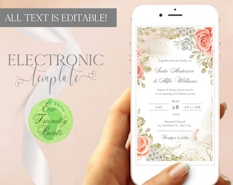 Soft Pink Electronic Save the Date Template, Pink iPhone Save the Date Download, Floral, Editable Save the Date, Smartphone SMS Mobile, Rosa