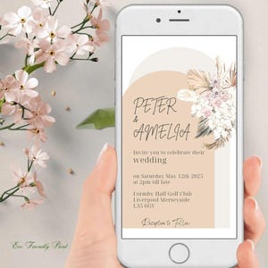 Invitación de boda móvil bohemia digital, invitación de boda de hierba de la pampa, invitación de boda electrónica dorada, tarjeta de texto para teléfono de boda bohemia