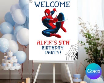 Plaque de bienvenue anniversaire Spiderman : affiche de fête modifiable (téléchargement numérique)