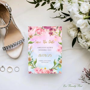 Floral save the date invitation template Wildflower save the date invite printable Electronic invite Pink invite Editable Download Canva PF1