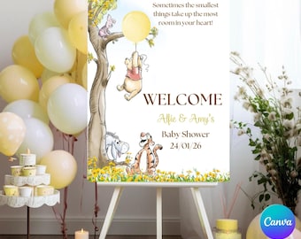 Placa de boas-vindas editável para chá de bebê com tema do Ursinho Pooh: Modelo imprimível do Canva PYB