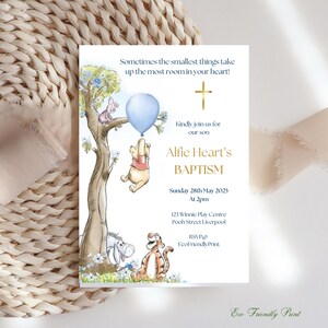 Classic Winnie the Pooh Baptism Invitation Boy Blue Balloon Invite Printable Editable Template Digital or Printed Invites, #PBB image 2