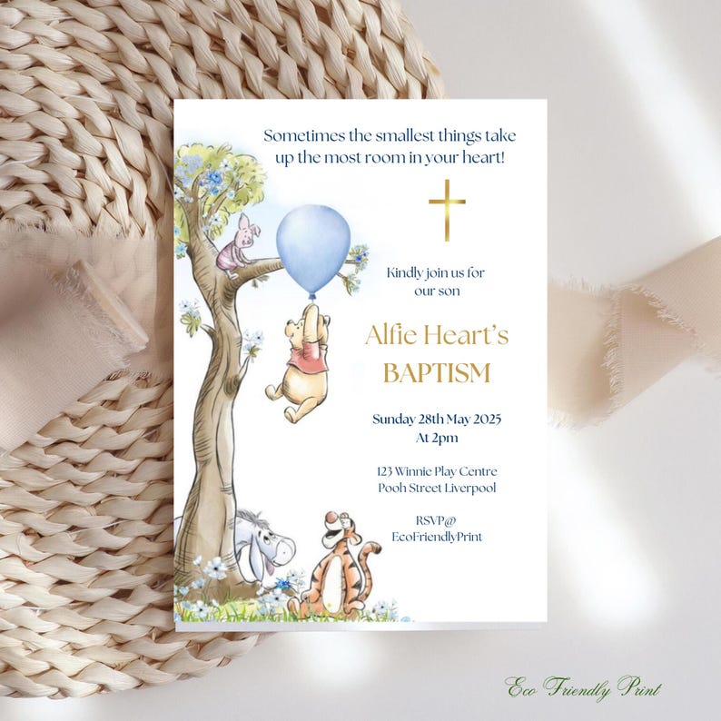 Classic Winnie the Pooh Baptism Invitation Boy Blue Balloon Invite Printable Editable Template Digital or Printed Invites, #PBB image 2