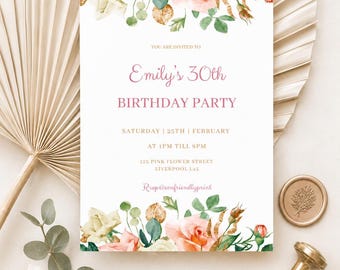 Rosa Rose Geburtstagseinladung Vorlage | Blumen-Geburtstags-Party einladen | Bearbeitbare Canva Einladung | Digitaler Download