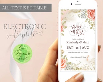 Pink Rose Electronic Save The Date Invitation, Pink Rose Phone Party Evite, Instant Download, Text Message, Smartphone Invite