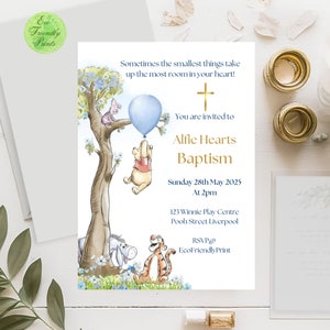 Classic Winnie the Pooh Baptism Invitation Boy Blue Balloon Invite Printable Editable Template Digital or Printed Invites, #PBB image 3