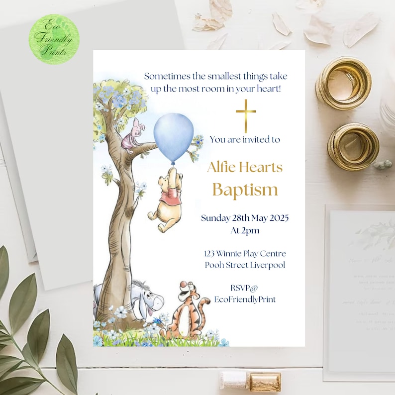 Classic Winnie the Pooh Baptism Invitation Boy Blue Balloon Invite Printable Editable Template Digital or Printed Invites, #PBB image 3