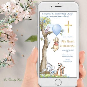 Faire-part de baptême électronique ourson, invitation de baptême par téléphone Winnie l'ourson, téléchargement immédiat, SMS, invitation smartphone, PBB