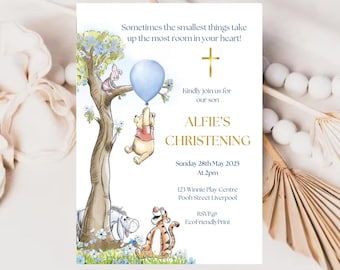Winnie the Pooh Christening Invitation, Blue Balloon, Printable Template (Digital Download)