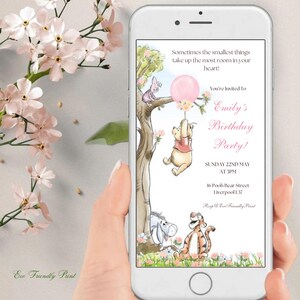 Bearbeitbare Winnie The Pooh Geburtstag Evite Girl Klassische Winnie The Pooh Einladung Telefon Digitale elektronische Canva Vorlage PPB