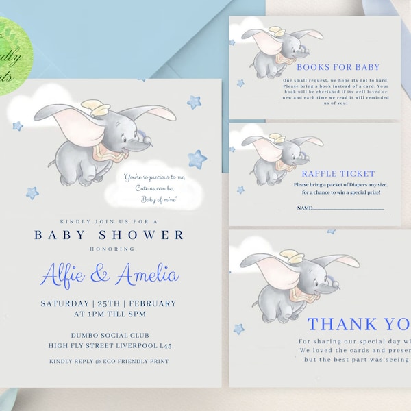 Dumbo Baby Shower Invitation Bundle, Stork Baby Shower Editable Invite, Printable or Digital, Elephant Boy Shower Invite, BDB