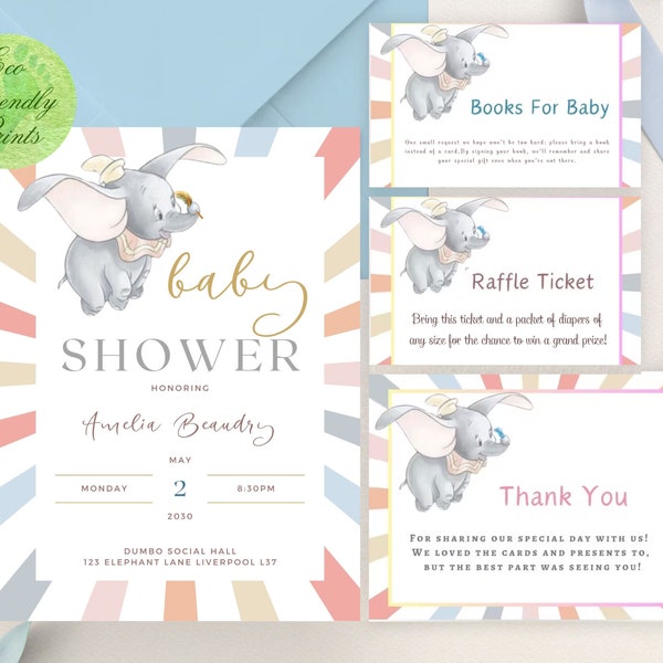 Dumbo Baby Shower Invitation Bundle, Circus Baby Shower Editable Invite, Printable or Digital, Elephant Gender Neutral Shower Invite GDB