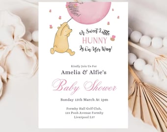 Classic Pooh Baby Shower Invitation Girl Editable Canva Baby Shower Invite Pink Winnie the Pooh Template Instant Download PPB