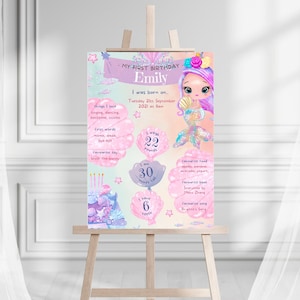 Mijlpaalposter eerste verjaardag zeemeermin: decor feest onder de zee (bewerkbare sjabloon)
