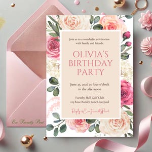 Invito per festa di compleanno floreale rosa, invito di compleanno floreale, qualsiasi età, donna, adolescente, boho, rosa cipria, modello modificabile fai da te, RB