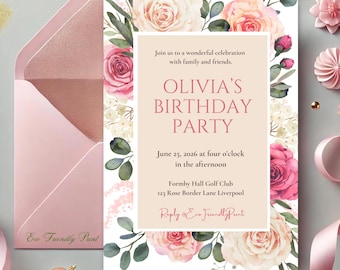 Pink Floral Birthday Party Invitation, Floral Birthday Invite, Any Age, Women&#39;s, Teen, Boho, Blush, DIY Editable Template, RB