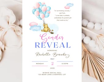 Classic Winnie the Pooh Gender Reveal Invitation, Editable Canva Template (Instant Download) #WPR