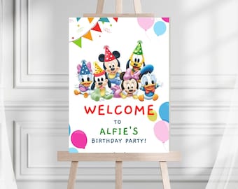 Letrero de bienvenida de cumpleaños de Mickey Mouse, decoración de fiesta editable (descarga digital)