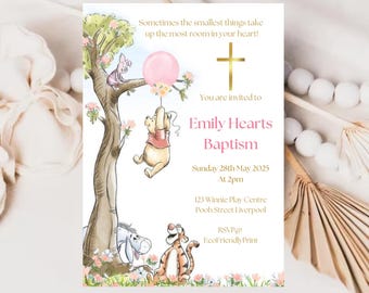 Classic Winnie the Pooh Baptism Invitation  Girl Pink Balloon Invite Printable Editable Template Digital or Printed Invites, #PPB