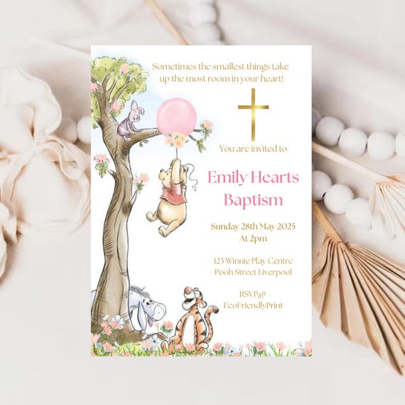 Classic Winnie the Pooh Baptism Invitation  Girl Pink Balloon Invite Printable Editable Template Digital or Printed Invites, #PPB