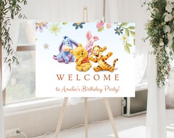 Editable Winnie The Pooh Welcome Sign Pooh Birthday Gender Neutral Classic Winnie The Pooh Party Decor Sign Canva Template Printable PB1