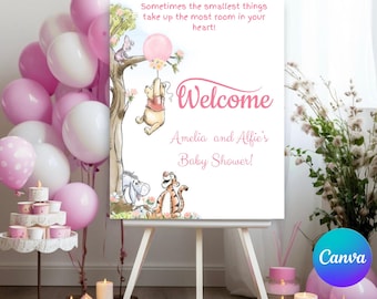 Editable Winnie The Pooh Welcome Sign Pooh Baby Shower Girl Pooh Bear Party Decor Canva Template Printable #PPB