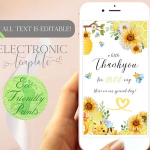 Modèle de carte de remerciement électronique pour baby shower Abeilles en téléchargement numérique, texte Merci eCard, note de remerciement sans papier