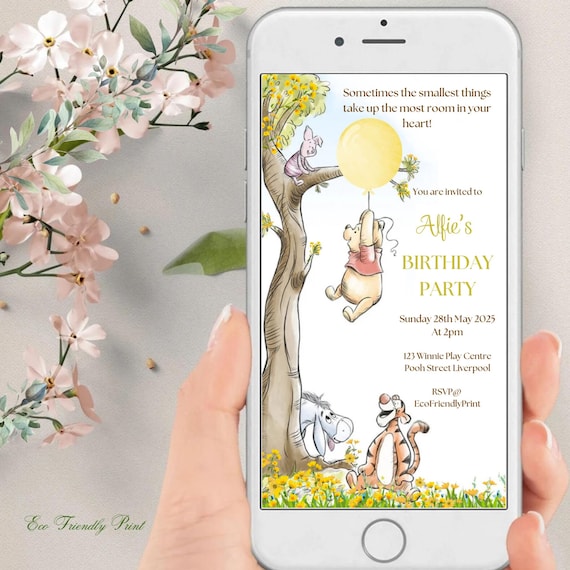Pooh Bear Electronic Birthday Invitation, Winnie The Pooh Phone Party Evite, Instant Download, Text Message, Smartphone Invite, PYB