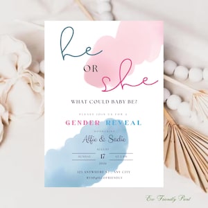 Printable Boy or Girl Gender Reveal Party Invitation Template, He She Neutral Baby Shower Invite, Editable Invitation, Pink Blue Watercolor