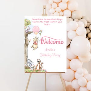 Editable Winnie The Pooh Birthday Welcome Sign Girl Pooh Bear Party Decor Pink Winnie The Pooh Welcome Template PRINTABLE Canva PPB