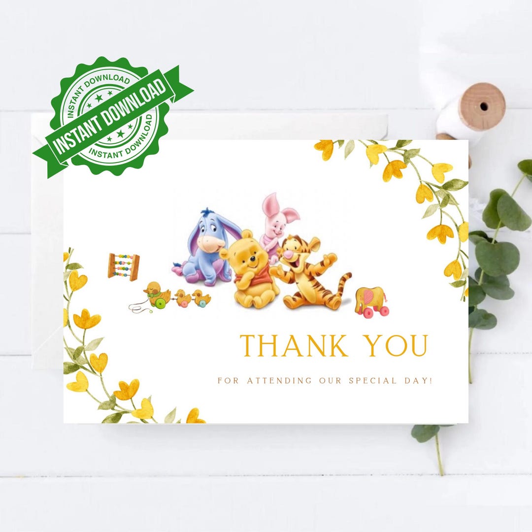 Pooh Bear Thank You Card, Gender Neutral Winnie the Pooh Bear