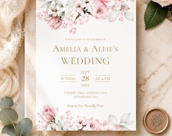 Blush Pink Wedding Invitation Template | Floral Wedding Invite | Editable Canva Wedding Invitation | Digital Download