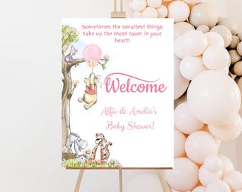 Winnie The Pooh Baby Shower Welcome Sign: Pink Floral Decor (Canva Template Printable)