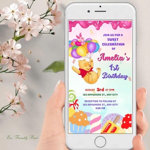 Invito di compleanno Winnie The Pooh modificabile per ragazzo o ragazza, invito classico Winnie The Pooh per telefono, modello elettronico digitale Canva CP