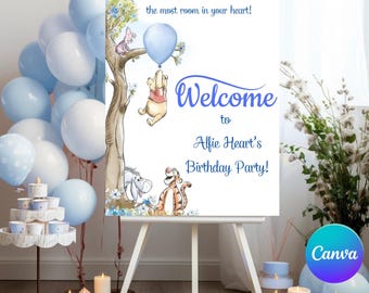 Winnie The Pooh Welcome Sign: Blue Birthday Party Decor (Canva Template Printable) #PBB