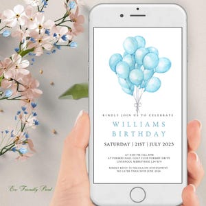 Editable Balloon Birthday Evite Boy Balloons Invitation Phone Digital Electronic Canva Template
