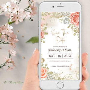 Roses Digital Save the Date, Pink Flowers Electronic Save the Date, Blush Pink Save our Date Template, Digital invite, Wedding E-vite #ROSA