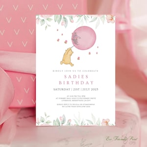 Classic Winnie the Pooh Birthday Invitation, Winnie the Pooh Birthday Invite, Little Hunny 1st Birthday Invitation, Floral, Girl, Template