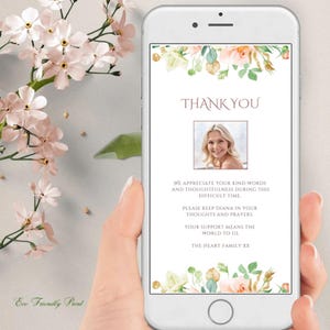 Carte électronique de remerciement pour funérailles, remerciement pour funérailles, remerciement mobile pour deuil, remerciement numérique floral féminin, fleurs vintage FBF