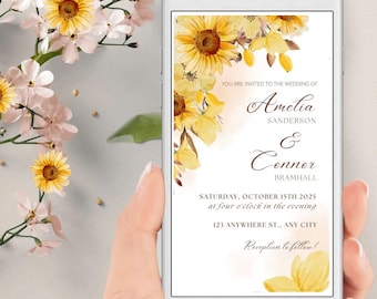 Sunflower Electronic Wedding Invitation, Rustic Floral Phone Evite (Digital Download)